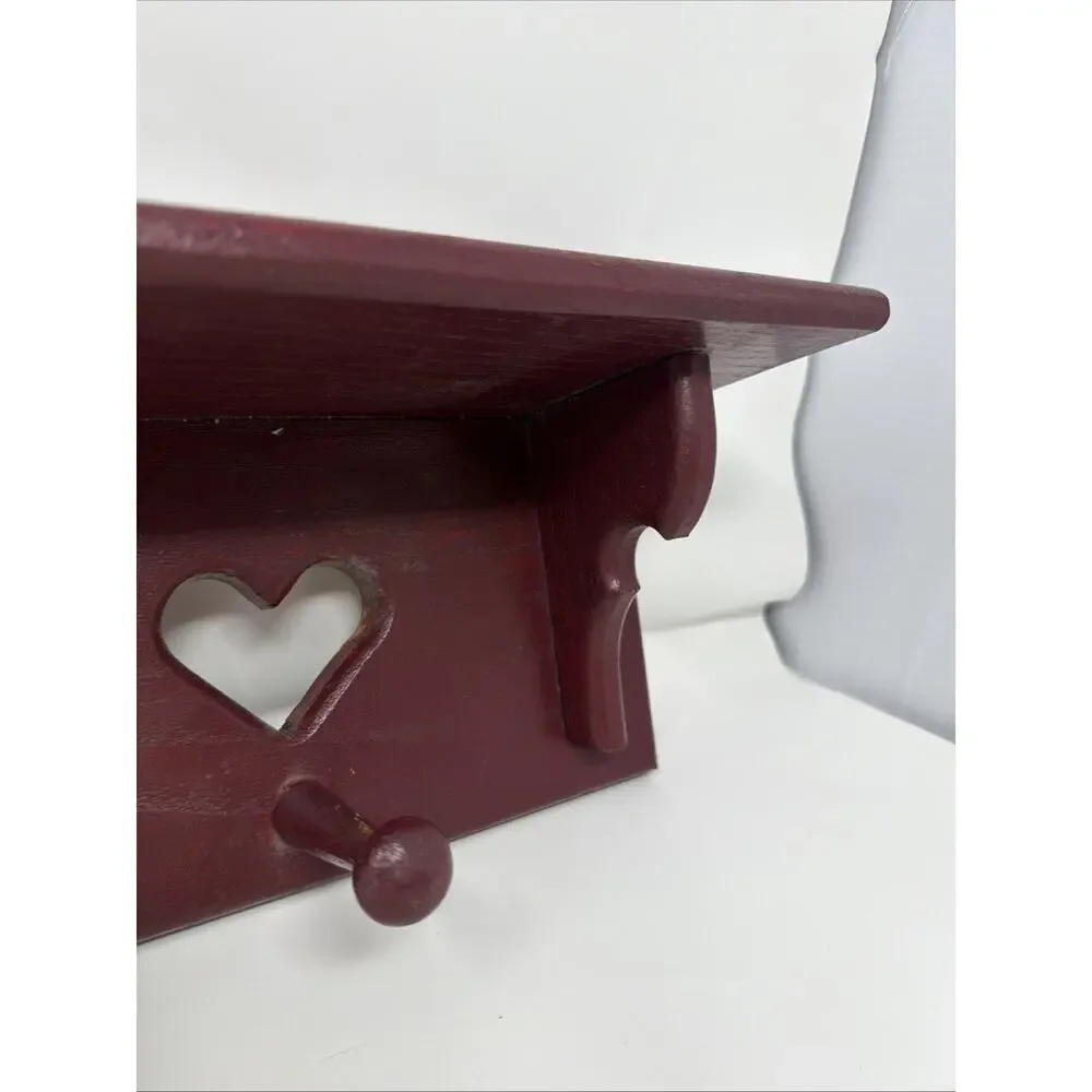 Vintage Plum Solid Wood Heart Cut Out Wall Shelf With 3 Pegs Granny Core 21